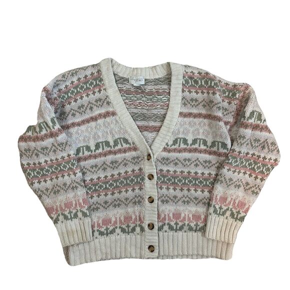 VTG Cardigan Sweater Cream Pink Green‎ Chunky Button Up L Grandma Cottagecore - Picture 1 of 11